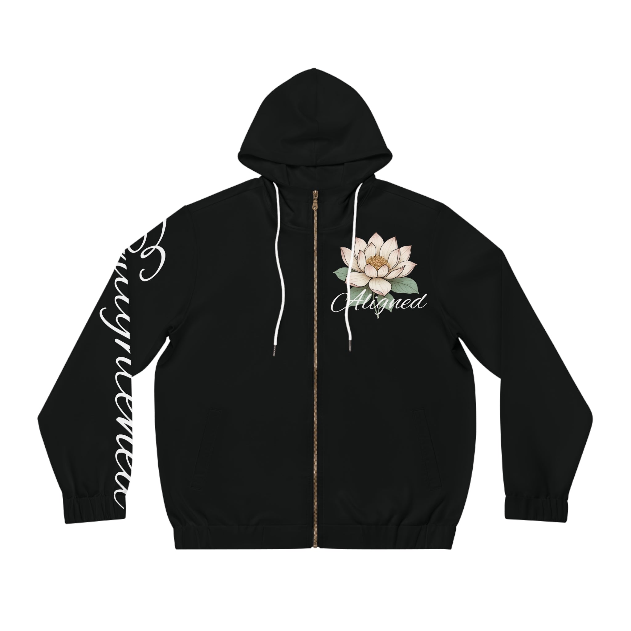 Black Lotus Flower Full-Zip Hoodie — White Lettering & Drawstrings